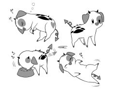  ^_^ animal animal_focus bowl closed_eyes commentary_request demon_horns eating fat_nuggets food greyscale hazbin_hotel hellaverse highres horns looking_ahead lying menma_(enaic31) monochrome multiple_views no_humans no_mouth on_back on_side pet_bowl pig simple_background sleeping solid_oval_eyes sound_effects squeans tail tail_wagging translation_request u_u white_background 