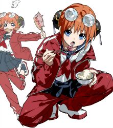  1girl blue_eyes bun_cover double_bun gintama hair_bun highres jacket kagura_(gintama) open_clothes open_jacket orange_hair red_jacket solo zoomhong 