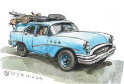  1other bicycle car chevrolet_bel_air commentary_request highres mizminh motor_vehicle original painting_(medium) spare_tire traditional_media translation_request unused_tire vehicle_focus watercolor_(medium) 