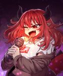  1girl absurdres breathing_fire dragon_girl dragon_horns dragon_tail fire gggoturi highres holding holding_microphone horns jacket microphone midriff one_eye_closed open_clothes open_jacket original red_eyes redhead shirt solo tail white_shirt 