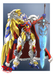  armor beast_wars beast_wars_ii cape claws commentary_request highres holding holding_sword holding_weapon lio_convoy lion maximal mecha no_humans robot science_fiction solo sword taiga_hiroyuki teeth transformers weapon yellow_eyes 