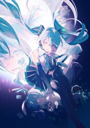  1girl aqua_eyes aqua_hair aqua_nails aqua_necktie aqua_trim arm_tattoo black_boots black_skirt black_sleeves blush boots breasts closed_eyes closed_mouth collared_shirt commentary detached_sleeves duplicate hair_between_eyes hair_ornament hand_on_own_cheek hand_on_own_face hatsune_miku headset highres long_hair long_sleeves looking_at_viewer medium_breasts miku_day miniskirt multiple_views necktie number_tattoo pleated_skirt rabbit_hole_(vocaloid) ryuuforkaf shirt skirt sleeveless sleeveless_shirt smile tattoo thigh_boots twintails very_long_hair vocaloid white_shirt wide_sleeves 