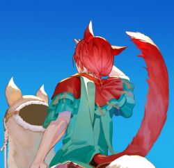  1boy animal_ears aqua_shirt arms_up blue_sky cat_ears cat_tail commentary cropped final_fantasy final_fantasy_xiv frilled_sleeves frills from_behind g'raha_tia male_focus miqo'te mt_(ringofive) red_hair riding shading_eyes shirt sitting sky solo tail 