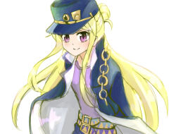  1girl arms_behind_back backlighting belt blonde_hair blue_coat blue_hat capo665 chain closed_mouth coat commission confident cosplay dot_nose english_commentary floating_clothes floating_hair gold_chain hair_bun half_updo hat jojo_no_kimyou_na_bouken kin-iro_mosaic kujo_jotaro kujo_jotaro_(cosplay) leaning_forward long_hair long_sleeves looking_at_viewer multiple_belts name_connection open_clothes open_coat purple_shirt shirt sidelocks simple_background smile solo standing upper_body very_long_hair violet_eyes white_background 