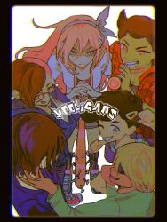  3boys 3girls absurdres angel_(omori) aubrey_(faraway)_(omori) aubrey_(omori) baseball_bat black_hair blonde_hair blue_eyes bow_hairband brother_and_sister brown_eyes brown_hair candy charlene_(omori) food glasses hair_ornament hairband hairclip highres holding holding_candy holding_food holding_lollipop kim_(omori) lollipop long_hair mikhael_(omori) milkymilkyshark multiple_boys multiple_girls nail_(hardware) nail_bat omori pink_hair rectangular_eyewear red-framed_eyewear short_hair siblings vance_(omori) 