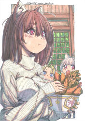  3girls :t animal_ear_fluff animal_ears blonde_hair blue_eyes border bowl breasts brown_hair chopsticks closed_mouth commentary_request double-parted_bangs eating envy food food_on_face fox_girl grey_hair hair_between_eyes highres holding holding_bowl holding_chopsticks long_bangs long_sleeves marker_(medium) medium_hair meiz multiple_girls original outside_border pink_eyes ribbed_sweater shrimp shrimp_tempura sweater tempura traditional_media turtleneck turtleneck_sweater white_border white_sweater 