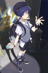  1boy absurdres backpack bag bag_charm black_hat black_shoes black_shorts blue_eyes blue_necktie cat charm_(object) collared_shirt commentary cup disposable_cup drinking_straw english_commentary genshin_impact graffiti grey_socks grey_sweater_vest hair_between_eyes hat highres holding holding_cup kneehighs kyudred looking_at_viewer male_focus necktie purple_hair scaramouche_(cat)_(genshin_impact) scaramouche_(genshin_impact) shirt shoes short_sleeves shorts socks solo standing sweater_vest tongue tongue_out twitter_username wanderer_(genshin_impact) wanderer_(mega_mgc_coffee)_(genshin_impact) white_shirt 