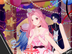  1boy 3girls aeon_(shining_nikki) ahoge animal annoyed asymmetrical_bangs bare_arms bare_shoulders bead_necklace beads belt birthday birthday_cake black_bow black_choker black_hair black_shirt blue_coat blue_hair blush_stickers bow bowtie brother_and_sister buttons cake cake_slice candle cat center_frills child chinese_commentary choker cloak clothed_animal coat colorful_cake_tower_(shining_nikki) commentary_request cowboy_shot crown cupcake dress drooling ear_covers earrings female_pov fire food food-themed_hat forehead frilled_dress frilled_headwear frilled_romper frills from_behind gold_earrings gown hair_bun hair_over_one_eye happy hat hat_bow heart heart_earrings heart_necklace highres holding holding_food hood hood_up hooded_cloak indoors jewelry lai_haoyun_ya light_blush lipstick long_hair looking_at_viewer makeup marina_(shining_nikki) mini_crown mob_cap momo_(nikki) multiple_girls necklace nikki_(nikki) nikki_(series) nostrils own_hands_together parted_lips pink_bow pink_dress pink_eyes pink_hair pink_hat pink_lips pink_romper plaid_belt plaid_clothes pleated_dress pov red_bow red_bowtie romper shining_nikki shirt short_hair siblings single_side_bun sleeveless sleeveless_dress smile star_(symbol) star_balloon streamers stylist_(nikki) taking_picture teeth turtleneck turtleneck_shirt upper_teeth_only v v-shaped_eyebrows v-shaped_eyes veil very_long_hair waist_bow watermark wavy_hair weibo_watermark whiskers white_cat white_veil window wrist_bow yellow_cloak yellow_crown zipper 