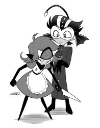  1boy 1girl :d ahoge anglerfish_boy apron bandana bandana_around_neck baxter_(hazbin_hotel) belt boots buttons circle_facial_mark clenched_hands closed_mouth coat commentary_request cyclops dress elbow_gloves expressionless eyes_visible_through_hair facial_mark fewer_digits fins flat_chest flipped_hair freckles frilled_apron frills frown full_body gloves goggles greyscale grin hair_over_shoulder hair_slicked_back halftone hatching_(texture) hazbin_hotel head_fins hellaverse high_heel_boots high_heels highres holding holding_knife kitchen_knife knife leaning_forward long_sleeves looking_at_another looking_at_viewer maid maid_apron medium_dress menma_(enaic31) monochrome multicolored_hair niffty_(hazbin_hotel) no_nose one-eyed puffy_short_sleeves puffy_sleeves round_eyewear shadow sharp_teeth short_hair short_sleeves signature simple_background smile standing streaked_hair swept_bangs tareme teeth turtleneck two-tone_hair very_short_hair white_background 
