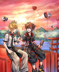  2boys blonde_hair blue_eyes bridge brown_hair crown_necklace food highres holding holding_food holding_ice_cream hollypolllyy ice_cream ice_cream_bar kingdom_hearts kingdom_hearts_iii looking_at_another male_focus multiple_boys nomura_tetsuya_(style) roxas san_fransokyo short_hair sitting smile sora_(kingdom_hearts) spiky_hair 