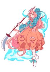  1girl aqua_shirt commentary_request full_body hata_no_kokoro highres holding holding_polearm holding_weapon long_hair long_sleeves pink_eyes pink_hair polearm sagasaga shirt solo touhou very_long_hair weapon wide_sleeves 