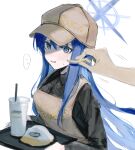  1girl 1other absurdres apron black_shirt blue_archive blue_eyes blue_hair blue_halo brown_apron brown_headwear collared_shirt dantyou2525 drinking_straw hair_between_eyes halo hat highres holding holding_tray long_hair long_sleeves mom&#039;s_touch open_mouth saori_(blue_archive) shirt simple_background sketch tray upper_body white_background 