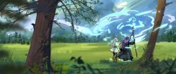  2girls absurdres bare_tree black_pantyhose black_robe blurry blurry_foreground boots brown_boots capelet commentary day earrings elf english_commentary fern_(sousou_no_frieren) field frieren highres holding holding_staff jewelry landscape magic multiple_girls outdoors pantyhose pointy_ears purple_hair qmori robe skirt sousou_no_frieren staff tree white_capelet white_skirt 