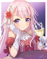  1girl absurdres alcohol braid bun_with_braided_base champagne champagne_flute closed_mouth commentary_request cup dress drinking_glass flower gloves hair_bun hair_down hair_ornament highres himehina_channel long_hair looking_at_viewer pink_hair shun_illustbscr smile solo tanaka_hime violet_eyes virtual_youtuber 