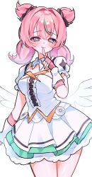  1girl absurdres aqua_streaks aria_(zenless_zone_zero) blue_eyes blush center_frills cowboy_shot crossed_bangs dress finger_to_mouth fingerless_gloves frills gloves hair_between_eyes hair_intakes highres ichigousagi looking_at_viewer multicolored_hair pink_gloves pink_hair quad_tails shushing smile solo star-shaped_pupils star_(symbol) streaked_hair symbol-shaped_pupils white_background white_dress white_wings wings zenless_zone_zero 