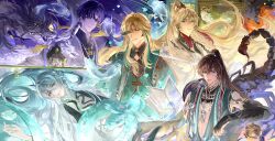  5boys absurdres alkaid_mcgrath ayn_alwyn balance_scale bead_necklace beads black_gloves black_hair black_shirt blonde_hair blue_eyes blue_hair book braid cael_anselm chinese_clothes chinese_commentary clarence_clayden closed_mouth commentary_request curtained_hair dragon earrings eastern_dragon elbow_gloves elbow_rest face_piercing fingerless_gloves fire fish gloves green_eyes green_hanfu green_robe green_snake green_streaks grey_hanfu hair_between_eyes half_updo hanfu headband high_ponytail highres holding holding_scale incense_burner jewelry lars_rorschach lattice lip_piercing long_hair long_hair_between_eyes long_sleeves looking_at_viewer lovebrush_chronicles lying male_focus mark_under_both_eyes miao_clothes mole mole_under_eye multicolored_hair multiple_boys necklace on_back open_book open_clothes open_robe parted_bangs parted_lips piercing ponytail red_eyes red_headband ring robe scorpion shanxia_ximei shirt shrug_(clothing) side_braid silver_earrings silver_necklace single_braid sleeveless sleeveless_robe smile snake streaked_hair sword tassel tassel_earrings upper_body very_long_hair violet_eyes water weapon weighing_scale white_hair white_hanfu white_robe 