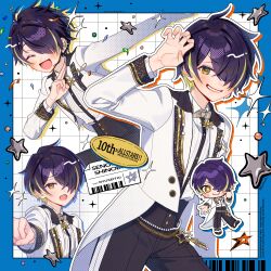  1boy 5g5kcal absurdres barcode black_pants blonde_hair blue_border border bow bowtie buttons character_name chibi chibi_inset claw_pose clenched_hand clenched_teeth closed_eyes closed_mouth commentary confetti ensemble_stars! fingernails hair_over_one_eye hands_up headset highres lapels layered_clothes long_bangs long_sleeves looking_at_viewer male_focus multicolored_hair multiple_views notched_lapels offering_hand official_alternate_costume open_hand outline outside_border outstretched_arm pants purple_hair sengoku_shinobu short_hair smile star_(symbol) streaked_hair teeth two-tone_hair untranslatable_commentary white_outline wingtip_collar yellow_eyes 