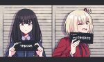  2girls :| akamirai black_hair blonde_hair blue_jacket closed_mouth hair_ribbon highres holding holding_sign inoue_takina jacket long_hair looking_at_viewer lycoris_recoil lycoris_uniform mugshot multiple_girls nishikigi_chisato one_eye_closed open_mouth red_jacket red_ribbon ribbon short_hair sign smile violet_eyes 