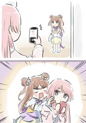  2girls arm_warmers bang_dream! bang_dream!_it's_mygo!!!!! blush boots bow bowtie brown_hair capelet cellphone chihaya_anon commentary double_bun grey_eyes hair_bun highres holding holding_phone long_hair long_sleeves lyy multiple_girls nagasaki_soyo open_mouth phone pink_hair purple_bow purple_bowtie smartphone sweatdrop taking_picture white_arm_warmers white_boots white_capelet 