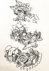  2girls body_fur boots buttons collared_shirt commentary_request dog eyeball frilled_shirt_collar frilled_sleeves frills furrification furry furry_female hair_ornament hairband heart heart_button heart_hair_ornament komeiji_koishi komeiji_satori lying menotama missing_headwear multi-source_commentary multiple_girls on_back ribbon-trimmed_collar ribbon_trim shirt short_hair siblings sisters skirt slippers sparkle third_eye touhou traditional_media translation_request 