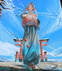  1girl artist_name blue_eyes blue_sky closed_mouth commentary english_commentary from_below highres looking_at_viewer no_pupils off_shoulder original outdoors paid_reward_available sky solo tatti_art torii walking 