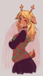  1girl animal_ears antlers arm_under_breasts artist_name black_eyes black_skirt blonde_hair breasts checkered_clothes checkered_vest commentary cropped_legs dark-skinned_female dark_skin deer_antlers deer_ears deer_girl deer_tail deltarune english_commentary from_side furry furry_female green_vest grey_background grin highres horns kitcychu long_hair long_sleeves looking_at_viewer medium_breasts noelle_holiday one_eye_closed parted_bangs signature simple_background skirt smile solo tail teeth turning_head utdr_(toby_fox) vest 