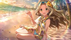  1girl aqua_bikini aqua_hairband beach bikini blush bracelet breasts brown_hair cityscape clouds earrings evening floating_hair floral_print flower game_cg gradient_sky green_eyes hair_flower hair_ornament hairband high_ponytail horizon idolmaster idolmaster_million_live! idolmaster_million_live!_theater_days jewelry leaf_print lens_flare long_hair looking_at_viewer nikaido_chizuru ocean official_art open_mouth orange_sky outdoors palm_tree ponytail sand sandals seashell see-through_clothes shell shore sky sun sunset swimsuit swimsuit_cover-up third-party_source tree water waves wide_ponytail yellow_flower 