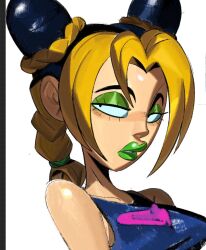  1girl black_hair blonde_hair braid braided_ponytail breasts bun_with_braided_base double_bun expressionless eyelashes eyeshadow green_eyeshadow green_lips hair_bun half-closed_eyes heart heart_print highres jojo_no_kimyou_na_bouken jojomama38 kujo_jolyne lipstick makeup medium_breasts medium_hair multicolored_hair parted_lips solo stone_ocean two-tone_hair upper_body 