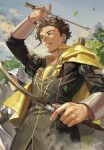  2boys arrow_(projectile) artist_name black_coat blue_sky bow_(weapon) brown_hair cape claude_von_riegan clouds coat earrings fire_emblem fire_emblem:_three_houses green_eyes holding holding_arrow holding_bow_(weapon) holding_weapon jewelry leaf male_focus multiple_boys sawaponu3 shirt short_hair sky smile teeth tree weapon yellow_cape yellow_shirt 