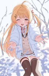  1girl a_domo absurdres ahoge bare_tree blonde_hair breath brown_dress brown_eyes brown_thighhighs buttons commentary cropped_legs double-breasted down_jacket dress hair_ornament hair_ribbon highres hololive hololive_dev_is jacket long_hair looking_at_viewer musical_note musical_note_hair_ornament neck_ribbon one_eye_closed one_side_up open_clothes open_jacket open_mouth otonose_kanade otonose_kanade_(1st_costume) outdoors outstretched_arms red_ribbon ribbon school_uniform shirt short_dress smile snow snowing solo teeth thigh-highs thigh_strap tree upper_teeth_only virtual_youtuber white_jacket white_shirt 