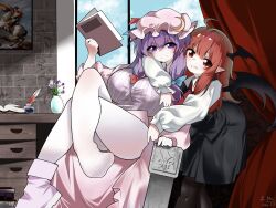  >:) 2girls :d ahoge arm_around_neck bat_wings black_pantyhose black_skirt black_vest black_wings blue_bow blush book book_stack bow breasts brick_wall clouds cloudy_sky collared_shirt crescent crescent_hat_ornament curtains desk dot_nose dress dress_shirt fang fliex flower hair_bow hair_ribbon hat hat_bow hat_ornament head_wings highres holding holding_book indoors inkwell koakuma large_breasts leaning_forward long_hair looking_at_viewer low-tied_long_hair mob_cap multiple_girls multiple_hair_bows napoleon_bonaparte napoleon_crossing_the_alps necktie open_book painting_(object) pantyhose patchouli_knowledge pink_hat pink_shoes pointy_ears purple_dress purple_hair quill red_bow red_eyes red_hair red_necktie ribbon shirt shoes sidelocks single_shoe sitting skirt skirt_set sky smile split_mouth striped_clothes striped_dress touhou tress_ribbon v-shaped_eyebrows vase vertical-striped_clothes vertical-striped_dress vest violet_eyes white_pantyhose white_shirt window wings 
