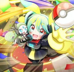  1girl 2girls absurdres aqua_eyes aqua_hair arm_up black_dress black_thighhighs blonde_hair blue_eyes blue_hair blue_thighhighs blush breasts closed_eyes commentary_request dress gloves gradient_hair green_hair hair_between_eyes hair_ornament hatsune_miku headset highres holding holding_microphone long_hair long_sleeves looking_at_another looking_at_viewer medium_breasts meloetta meloetta_(aria) microphone miku_day multicolored_hair multiple_girls official_alternate_costume open_mouth poke_ball poke_ball_(basic) poke_ball_theme pokemon pokemon_(creature) project_voltage smile sweat tama_sera279 thigh-highs twintails very_long_hair vocaloid yellow_gloves 