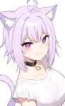  1girl :3 absurdres animal_collar animal_ear_fluff animal_ears blush cat_ears cat_girl cat_tail collar collarbone highres hololive looking_at_viewer nekomata_okayu portrait purple_hair ruka_tou shirt simple_background smile solo t-shirt tail tail_raised upper_body virtual_youtuber white_background white_shirt 