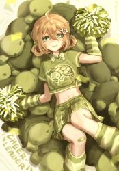  1girl ahoge alternate_costume alternate_eye_color arm_warmers bandaid bandaid_on_knee bandaid_on_leg bike_shorts bike_shorts_under_skirt blurry blurry_foreground brown_hair cheerleader closed_eyes collared_shirt confetti crop_top crop_top_overhang dgucedunno double-parted_bangs english_text feet_out_of_frame flat_chest green_arm_warmers green_eyes green_ribbon green_shirt green_shorts green_skirt green_socks green_theme hair_between_eyes hair_ornament hair_ribbon hair_rings heart heart_hair_ornament highres jitome kneehighs knees_together_feet_apart knees_up looking_at_viewer loose_socks lying midriff miniskirt navel neuro-sama on_back pleated_skirt pom_pom_(cheerleading) ribbon shirt short_sleeves shorts skirt smile socks solo striped_arm_warmers striped_clothes striped_socks stuffed_turtle turtle turtle_print vedal987 vedal_ai 