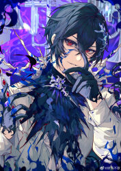  1boy absurdres ascot aura ayn_alwyn ayn_alwyn_(dreamland_wonder) black_ascot black_gloves black_hair black_shirt blood blood_on_clothes blood_on_face blue_blood bone_hair_ornament brooch cape castle chinese_commentary conductor_baton crossed_bangs dark_aura euphonium fire fish_skeleton_hair_ornament glint gloves grey_cape hair_between_eyes hair_ornament hand_on_own_face highres holding holding_wand instrument jacket jewelry long_sleeves looking_at_viewer lovebrush_chronicles male_focus mystical_high_collar ornate_ring parted_lips purple_background purple_fire red_eyes ring shirt short_hair sideways_glance sleeve_cuffs solo soul_gem torn_ascot torn_clothes trumpet upper_body v-shaped_eyebrows wand watermark weibo_watermark white_jacket yan_ge 