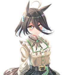  1girl absurdres ahoge alternate_hair_length alternate_hairstyle animal_ears black_hair black_skirt brown_shirt buckwheat638478 commentary_request earrings ears_down hair_between_eyes highres holding horse_ears horse_girl jewelry long_hair looking_at_viewer manhattan_cafe_(umamusume) multicolored_hair official_alternate_costume parted_lips puffy_sleeves shirt short_hair simple_background single_earring skirt solo streaked_hair translation_request umamusume upper_body white_background white_hair yellow_eyes 