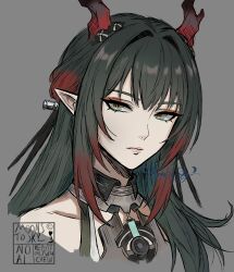  1girl absurdres aqua_eyes arknights arknights:_endfield black_hair black_horns closed_mouth cropped_shoulders detached_collar dragon_horns eastern_dragon_horns green_eyes grey_background highres horns long_hair looking_to_the_side moonstosky multicolored_eyes multicolored_hair multicolored_horns pointy_ears portrait red_hair red_horns signature simple_background sketch solo zhuang_fangyi_(arknights) 