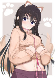  1girl absurdres afterimage animal_collar animal_ear_fluff animal_ear_hairband animal_ears black_hair blush border bow brown_sweater casual closed_mouth clothes_lift collar commentary cowboy_shot dog_ear_hairband dog_ears dog_tail extra_ears fake_animal_ears grey_background hair_between_eyes hair_bow hairband hands_up heart heart_of_string highres kemonomimi_mode leash lifting_own_clothes long_hair looking_at_viewer midriff mochikumo motion_lines navel nijouin_hazuki outside_border paw_print riddle_joker sidelocks simple_background sleeves_past_wrists smile solo split_mouth straight_hair sweater sweater_lift tail tail_wagging very_long_hair violet_eyes white_border yellow_bow 