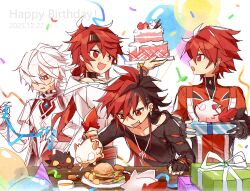  0679ovo 4boys :d :o animalization asymmetrical_gloves balloon birthday black_choker black_hair black_headband black_shirt bright_pupils burger cake choker confetti ear_piercing earrings elsword elsword_(character) fang fingerless_gloves food genesis_(elsword) gloves hair_over_one_eye happy_birthday headband highres immortal_(elsword) jacket jewelry knight_emperor_(elsword) long_hair long_sleeves low_ponytail male_focus mismatched_gloves multicolored_hair multiple_boys multiple_persona necklace open_mouth person_and_animalization piercing plate ponytail protected_link red_eyes red_hair red_jacket rune_slayer_(elsword) shirt short_hair smile sweat table torn_clothes torn_shirt two-tone_hair very_long_hair white_hair white_pupils 