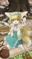  1girl animal_ears arknights basket blonde_hair cardigan commentary_request fox_ears fox_girl fox_tail frilled_hairband frills green_eyes hairband high-waist_skirt highres holding kitsune long_hair long_sleeves multicolored_hair neck_ribbon official_alternate_costume open_clothes outdoors red_ribbon ribbon shirt shoes skirt socks solo suzuran_(arknights) suzuran_(yukibare)_(arknights) tail unworn_shoes waichi white_hair white_shirt white_socks yellow_cardigan 