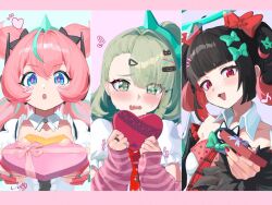  3girls aria_(zenless_zone_zero) arm_warmers bare_shoulders black_hair blue_eyes blush bow colored_inner_hair dress green_eyes green_hair green_halo hair_ornament halo heart looking_at_viewer multicolored_hair multiple_girls nangong_yu necktie open_mouth pink_hair red_eyes red_necktie shirt smile streaked_hair striped_arm_warmers sunna_(zenless_zone_zero) twintails uixy valentine white_shirt zenless_zone_zero 