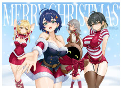  arm_behind_back arms_behind_head bangboo_(zenless_zone_zero) belle_(zenless_zone_zero) black_corset black_garter_straps black_hair blonde_hair blowing_kiss blue_background blue_hair brown_eyes brown_thighhighs capelet carlos_cabs christmas commentary corset deer_costume earrings english_commentary female_rover_(wuthering_waves) flower fur_trim garter_straps genshin_impact green_eyes grey_hair hair_between_eyes hair_flower hair_ornament honkai:_star_rail honkai_(series) jewelry light_smile lumine_(genshin_impact) mihoyo miniskirt panties red_corset red_panties red_ribbon red_socks ribbon rover_(wuthering_waves) shirt signature skirt smile snow snowing socks stelle_(honkai:_star_rail) striped_clothes striped_shirt thigh-highs thigh_strap trailblazer_(honkai:_star_rail) underwear wuthering_waves zenless_zone_zero 