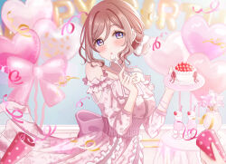  1girl 1other 36c_u.b.u_(idolmaster) :o absurdres back_bow balloon blue_eyes blush bow breasts brown_hair cake commentary_request dress food fork frilled_dress frills gakuen_idolmaster hanilz heart_balloon highres himesaki_rinami holding holding_fork holding_party_popper idolmaster medium_breasts off-shoulder_dress off_shoulder official_alternate_costume out_of_frame party_popper pink_dress solo strawberry_cake streamers vase 