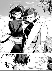  2girls absurdres beret blush braiding_another's_hair closed_eyes closed_mouth commentary creature day english_commentary falling_leaves glasses greyscale hat highres knees_up leaf long_sleeves looking_at_another miniskirt monochrome multiple_girls no_shoes num_(angrynum) open_mouth original outdoors pantyhose ribbed_sweater short_hair skirt sleeveless sleeveless_sweater socks sparkle sweater turtleneck turtleneck_sweater 