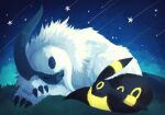  7_phi_3 absol animal_focus black_fur claws closed_eyes forehead_jewel horizon horns mane night night_sky no_humans on_grass pokemon pokemon_(creature) shooting_star single_horn sitting sky sleeping star_(sky) tail umbreon white_fur 