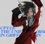  1girl absurdres angelia_(girls&#039;_frontline) arms_up black_hair black_necktie blueblossom closed_mouth coat collared_shirt expressionless girls_frontline hair_over_one_eye highres holding_walkie-talkie long_hair long_sleeves looking_at_viewer necktie red_coat shirt sketch solo upper_body walkie-talkie white_shirt 