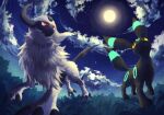  7_phi_3 absol alternate_color animal_focus black_fur claws clouds cloudy_sky commentary_request forehead_jewel horns moon night night_sky no_humans on_grass pokemon pokemon_(creature) red_eyes shiny_pokemon single_horn sky star_(sky) tail umbreon white_fur yellow_eyes 