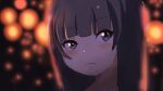 1girl black_background black_hair blue_eyes blurry blurry_background blush closed_mouth commentary_request depth_of_field kuro_kosyou looking_at_viewer original portrait solo 