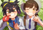  2boys absurdres black_hair blue_shirt blush breast_pocket brown_hair cheek_pull collared_shirt commentary_request crossed_bangs day falling_leaves florian_(pokemon) grass grey_headwear grin hair_between_eyes hairband hand_up hat highres index_finger_raised jacket kieran_(pokemon) leaf male_focus mole mole_on_neck multiple_boys necktie one_eye_closed outdoors pocket pokemon pokemon_(game) pokemon_sv purple_necktie red_necktie school_uniform shirt short_hair smile strap teeth white_jacket yellow_eyes yellow_hairband yukiarashi_1103 zipper 