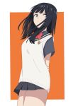  1girl absurdres arm_behind_back black_hair black_skirt blue_eyes bow bowtie breasts gridman_universe gridman_universe_(film) highres lan_3736 long_hair looking_at_viewer red_bow school_uniform shirt simple_background skirt solo takarada_rikka thighs 